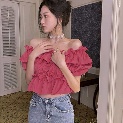 One-shoulder off-the-shoulder falbala short-sleeved shirt fo