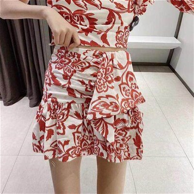 2020 Women sweet tropical flower print pleated mini skirt fa