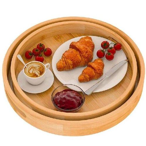Round Serving Tray With Handles - Wooden Bamboo Circle Tray