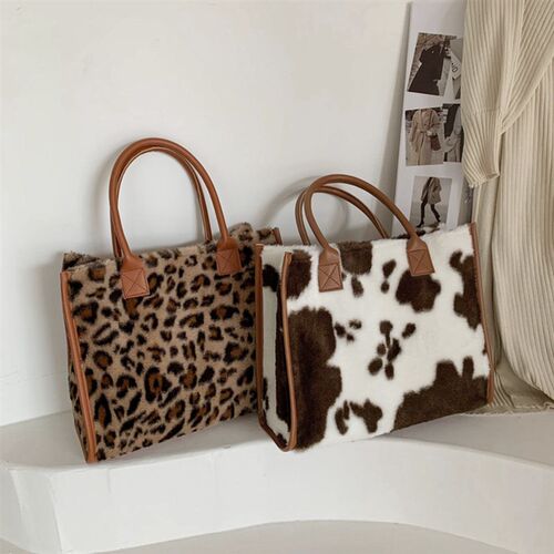 Top-Handle Bags Retro Cow Leopard Print PU Leather Plush Des
