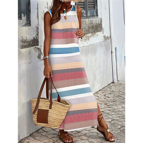 Striped Split Side Tank Dress, Sleeveless Round Neck Boho