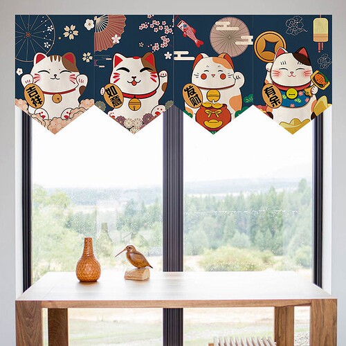 Short Door Curtain Lucky Cat Pennant Kitchen Partition Half-