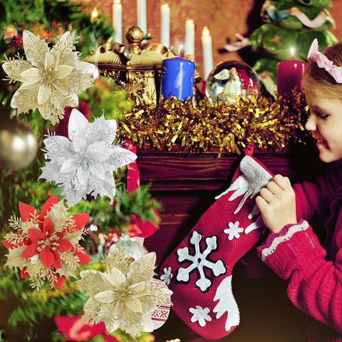 10pcs Artificial Christmas Flowers Glitter Fake FlowersMerry