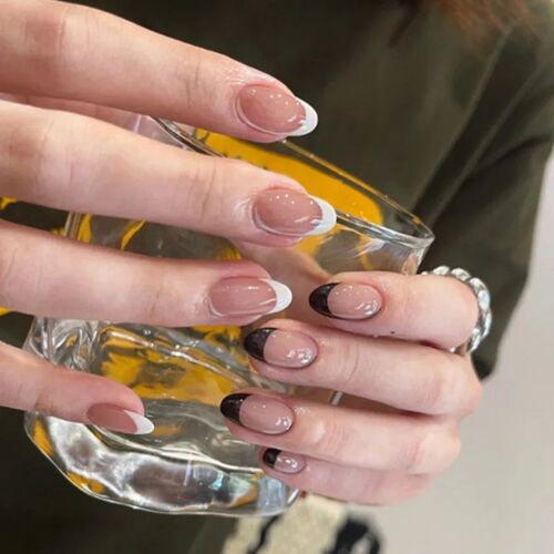 24pcs French Almond Fake Nails Gold Edge Glitter Press on Na