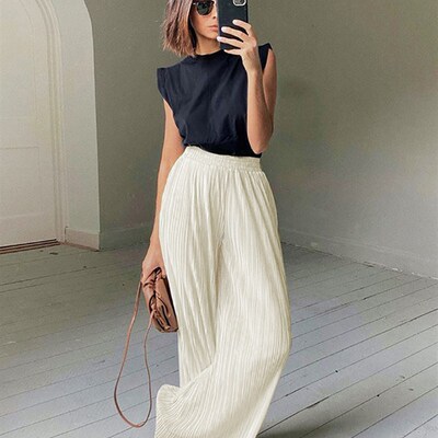 Mnealways18 Beige Pleated Wide Leg Pants Womens Pants Fashio