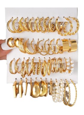 Earrings set 24 pairs方形几何形复古珍珠耳环套装组合麻花耳圈