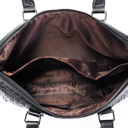 Mens bag Knitting Leather briefcases Solid black Woven Lapt