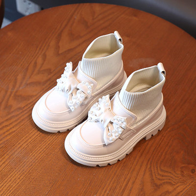 Kids Slip-on Shoes Girl Knit Ankle Patent Leather Boots Pear