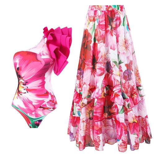 2024 Floral Print Shoulder Ruffle One Piece Swimsuit With ve