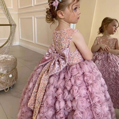 Girls Pink Sweet Princess Dress Baby Kids Big Bow Birthday P
