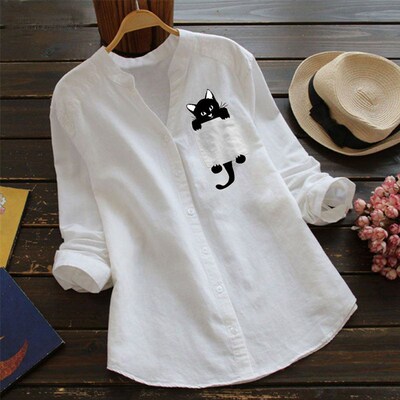 Women Shirt Cat Printed Pocket Cotton Linen Blouse V- Neck C