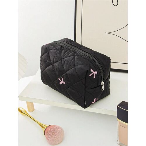 1 piece/set black bow quilted makeup bag, large capacity zip