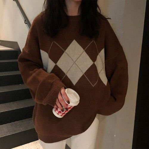 Knitted Sweaters Women Casual Pullover Fashion Argyle Sweate