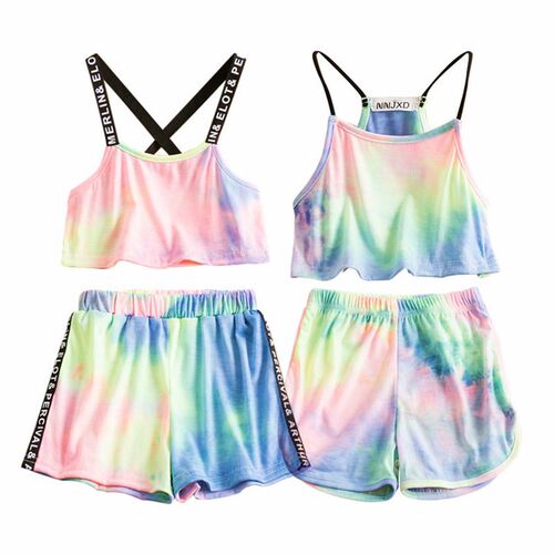 Kids Girls Tie-dye Outfit Summer Sling Backless Spaghetti St