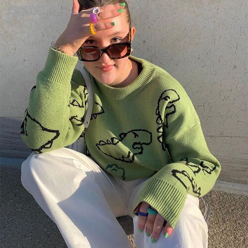 O-Neck Long Sleeve Womens Oversize Sweater Solid Dinosaur P
