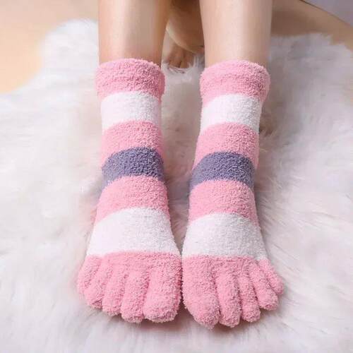 Womens Thick Five Finger Socks Winter Warm Coral Fleece Flu
