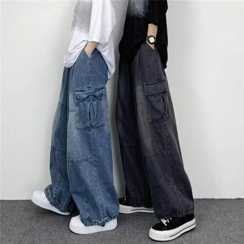Popular Men Denim Pants Bottoms Baggy Cargo Jeans Solid Colo