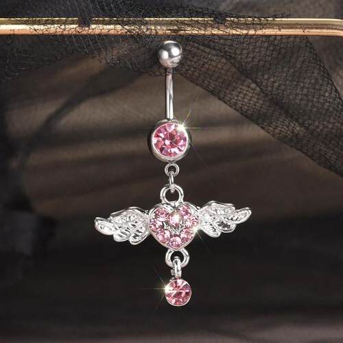 Steel Belly Button Rings Pink Crystal Piercing Navel Heart S