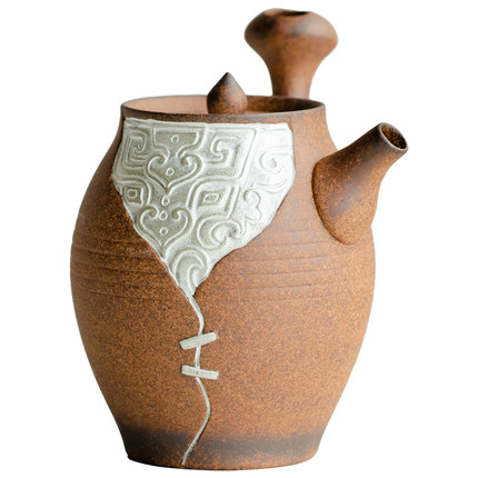 拓土老岩泥浮雕描银饕餮纹茶壶家用中式创意复古风陶瓷功夫侧把壶