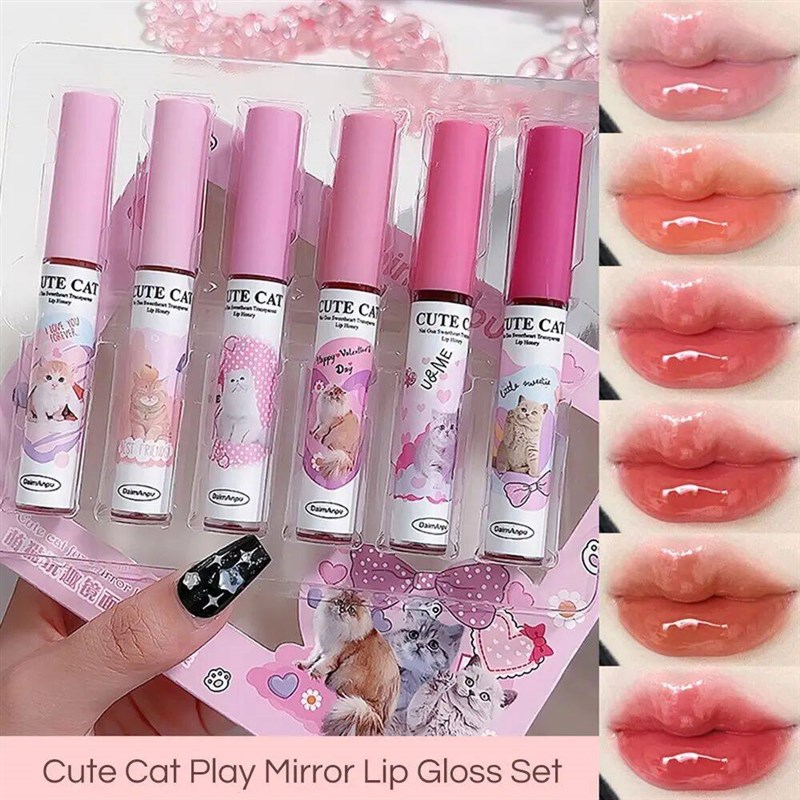 Cute Cat Fun Mirror Lip Glaze Set 6 Colors Highly Pigmented