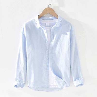 001 Mens Cotton and Linen Long-sleeved Shirt Artistic Loose