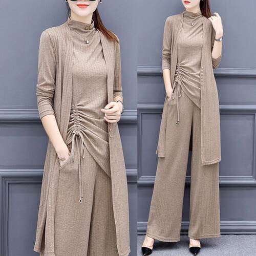 3Pcs/Set Casual Women Suit Solid Color Knit Side Bandage Tan