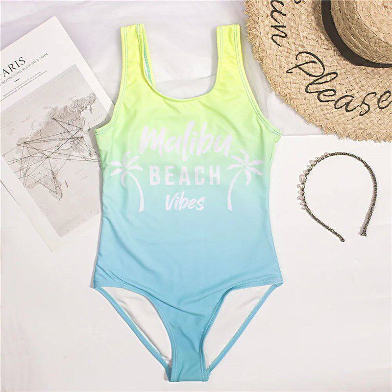 Gradient Print Children Girls Kids One Piece Swimwear Swimsu - 实物图