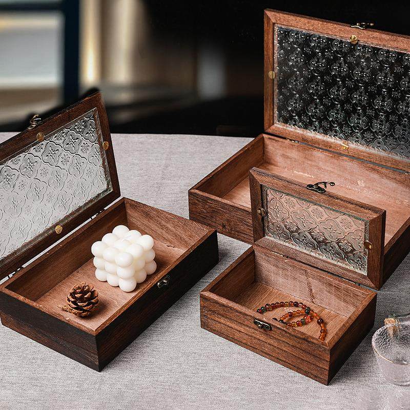 欧式复古木质海棠花玻璃收纳盒摆件桌面整理翻盖木盒化妆台装饰盒