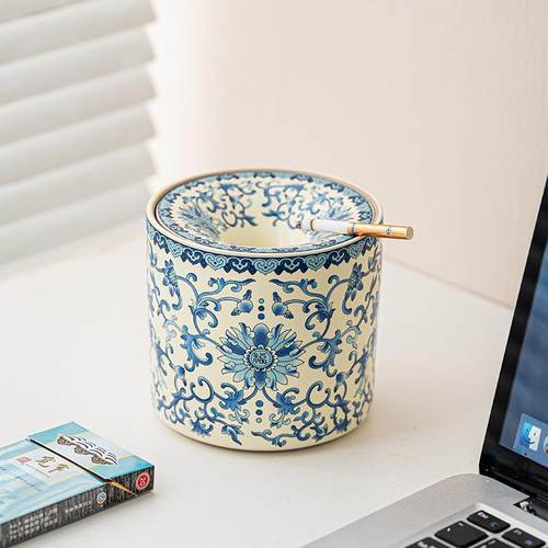 汝窑青花烟灰缸带盖防灰家用商用茶渣缸水盂杯洗陶瓷高档茶具配件