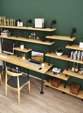 loft书架风实木板水管工业隔书55934桌书架一体沙发置壁挂墙上物