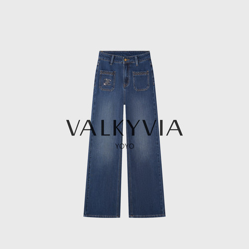 【Valkyvia/悠悠奢品】轻奢烫钻刺绣牛仔裤女高腰显瘦宽松25632