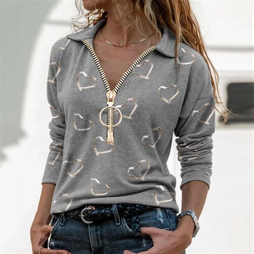 2021 Autumn Spring Women Heart Print Blouses Casual Zipper V