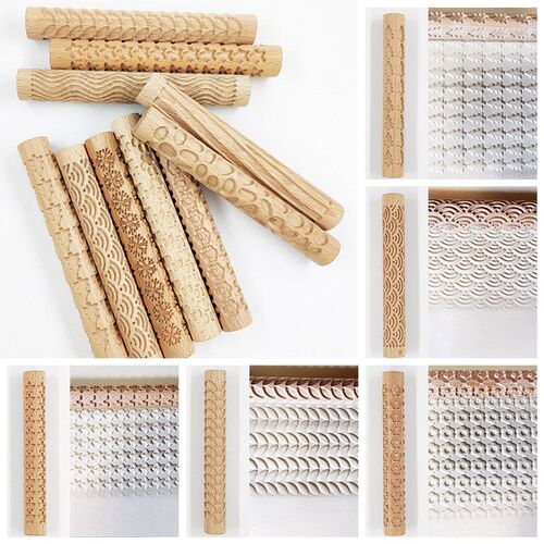 1PC Wooden Texture Rolling Pin Ceramic Pottery Art Embossed