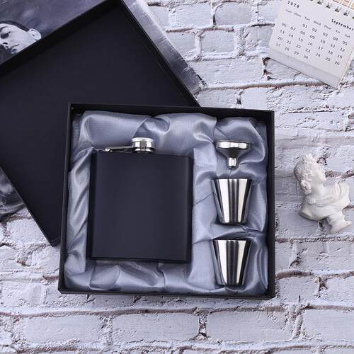 Black Portable Stainless Steel Flask +Wine Cups Gift Box Set