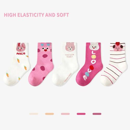 5 Pairs Cartoon Rabbits Kids Girls Ankle Socks Combed Cotton