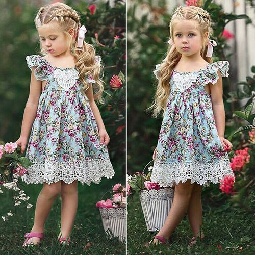 2-7Y Baby Girls Summer Dress Kids Clothing Sleevelss Lace Fl
