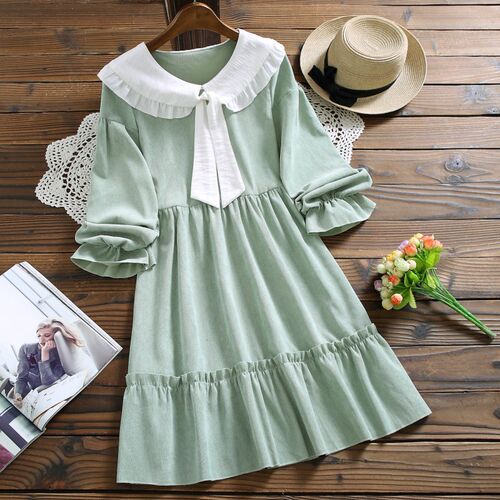 Mori girl corduroy solid cute dress new autimn fashion bow l