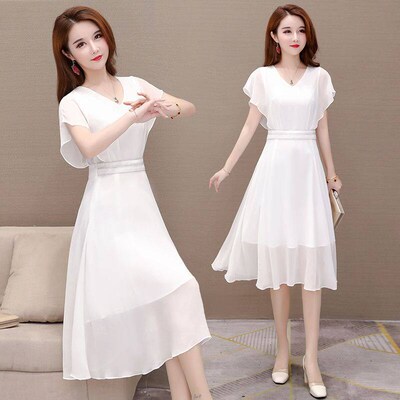 lid Color Chiffon Dress New Summer Womens Mid-length Elegan