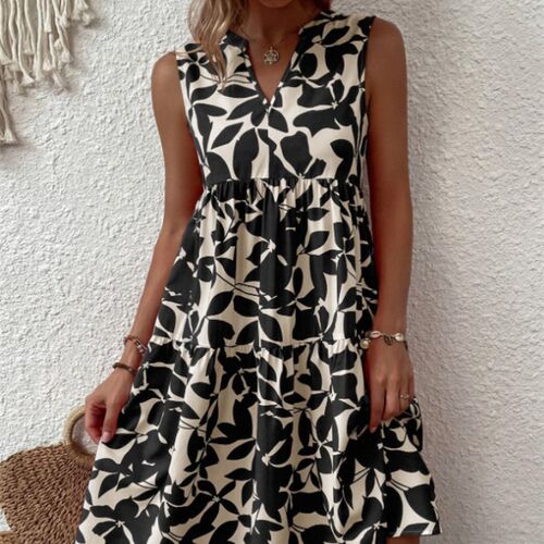 Women V Neck Print Dress  Summer Elegant Sleeveless Loose