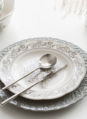 派一法式巴洛克餐具陶瓷碗碟装灰色现代家用饭碗盘子高级西餐盘