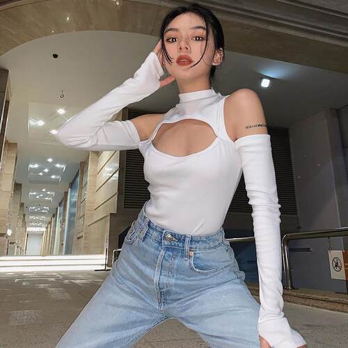 High Fashion Womens Long-sleeved Bodysuit Solid Color Holl