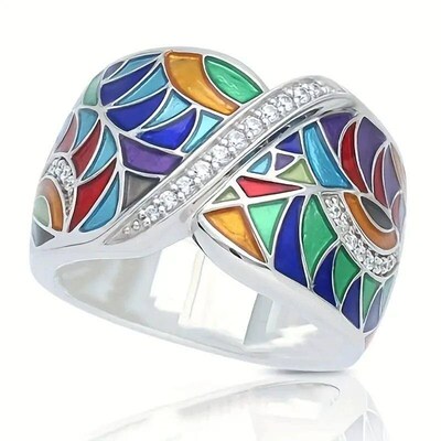 Dazzling Rings for Women Silver Color Colorful Painting Meta