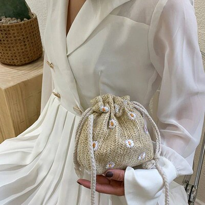 Straw Weave Bucket Bags Rattan Women Summer Beach Shoulder B