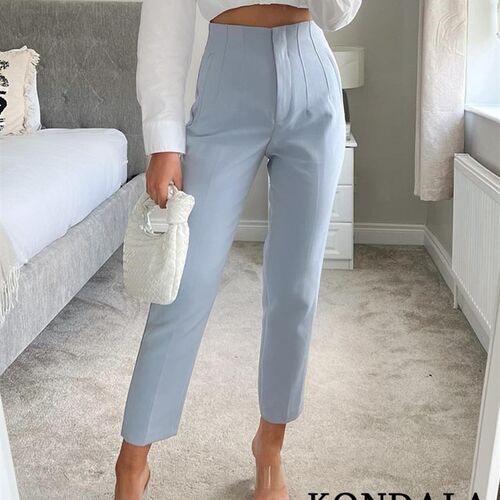 KONDALA Women Light Blue Chic Fashion Office Wear Straight P
