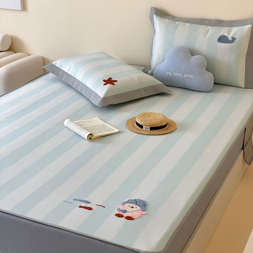 可爱夏季凉感冰丝席三件 刺绣卡通可水洗空调席床笠款凉席软席