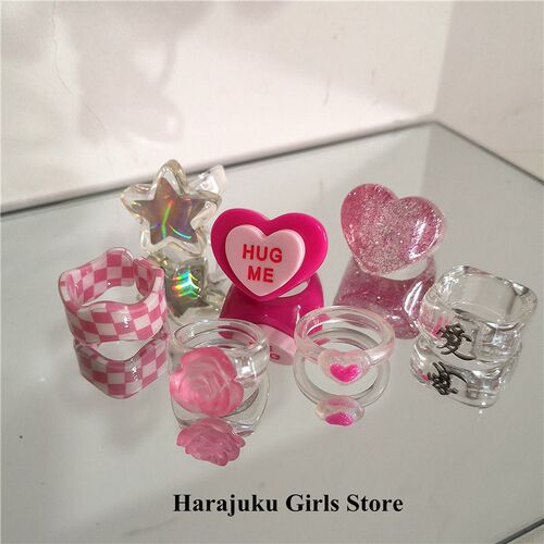 Kpop Cute Goth Pink Transparent Flower Heart Star Resin Acry