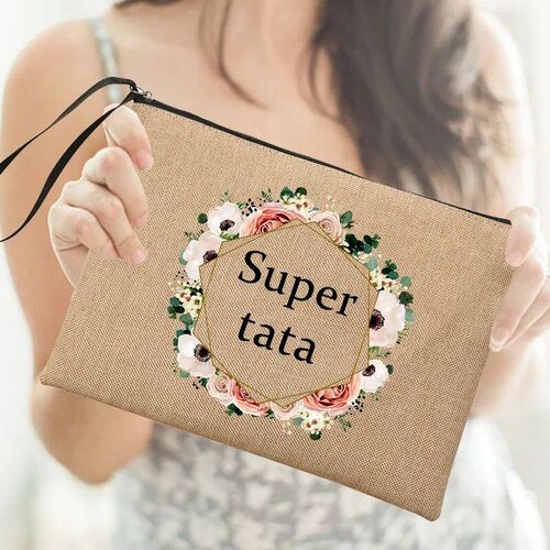 Super Tata Wreath Print Linen Makeup Bags Cosmetic Bag Zippe