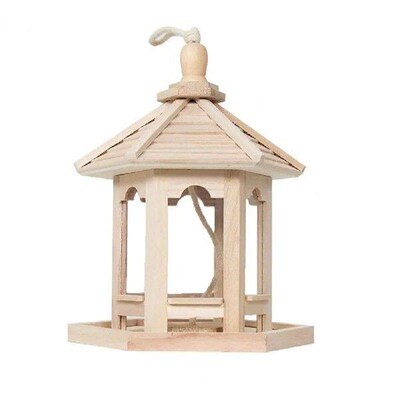 Bird Feeder High Capacity Hexagon Shaped Roof Wood Creative