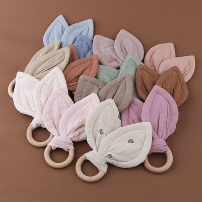 BPA Free Natural Beech Wood Baby Teether Cotton Rabbit Ears