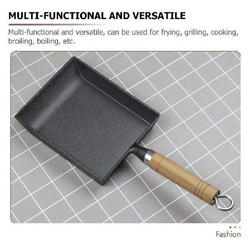 Portable Flat Bottom Pan Nonstick Skillet Cast Iron Wooden - 实物图